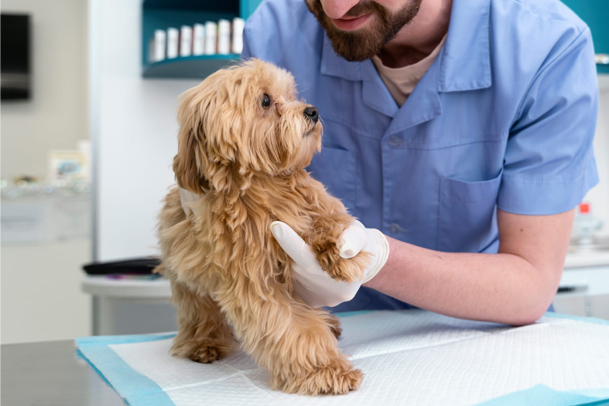 Veterinario examinando a un perro durante una consulta por problemas de piel como la Malassezia