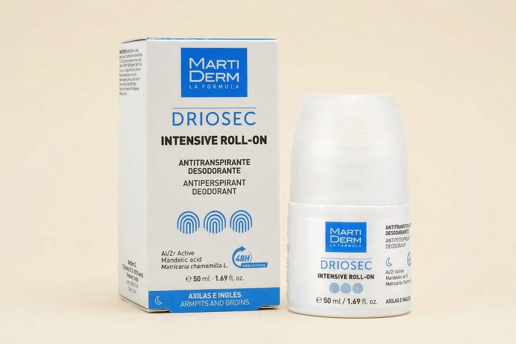 Roll-on Martiderm Driosec, un desodorante antitranspirante intensivo para el control eficaz de la sudoración excesiva en axilas e ingles.