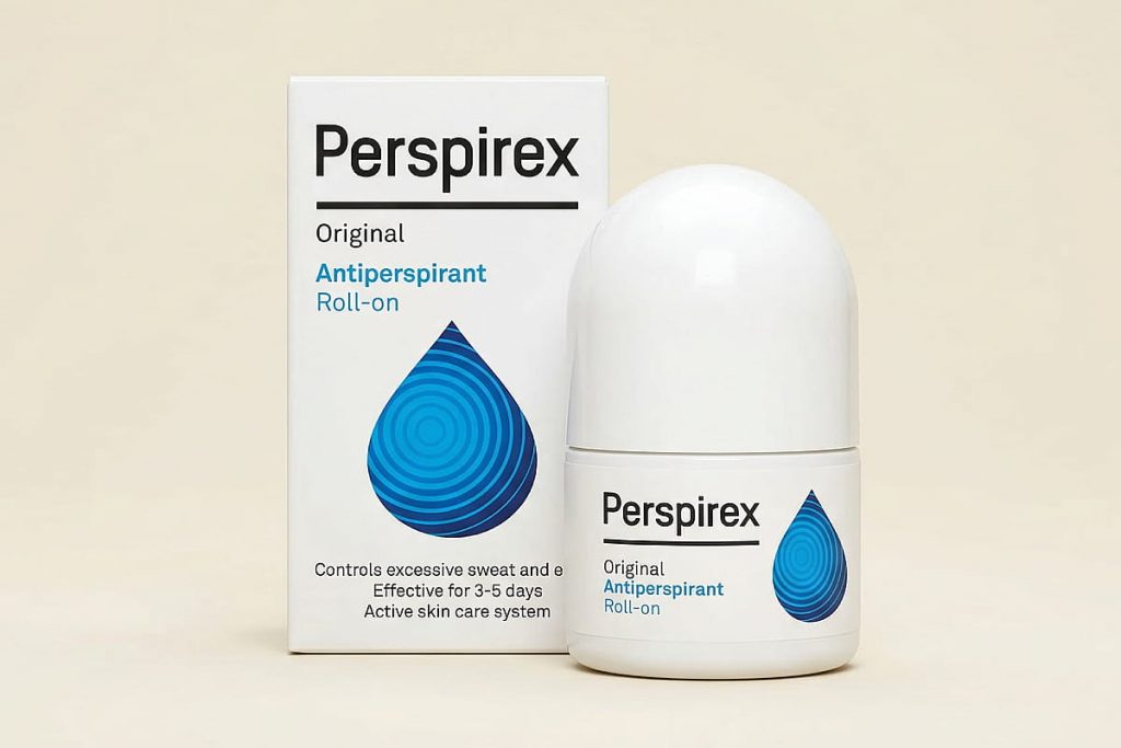 Primer plano del desodorante antitranspirante Perspirex Original en formato roll-on, con su envase blanco y etiqueta azul, sobre un fondo neutro.
