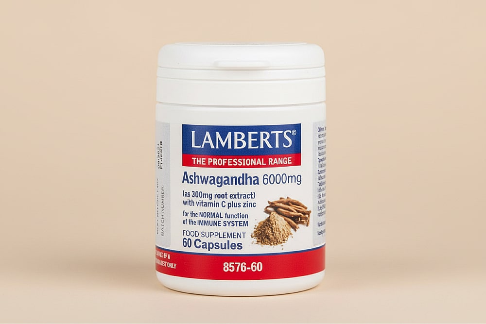 Envase de Lamberts Ashwagandha 6000 mg con 60 cápsulas