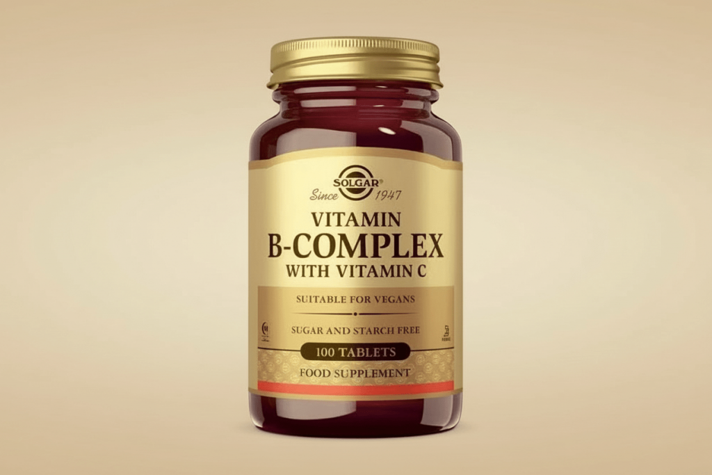 Envase de Solgar Vitamin B-Complex con Vitamina C, 100 tabletas