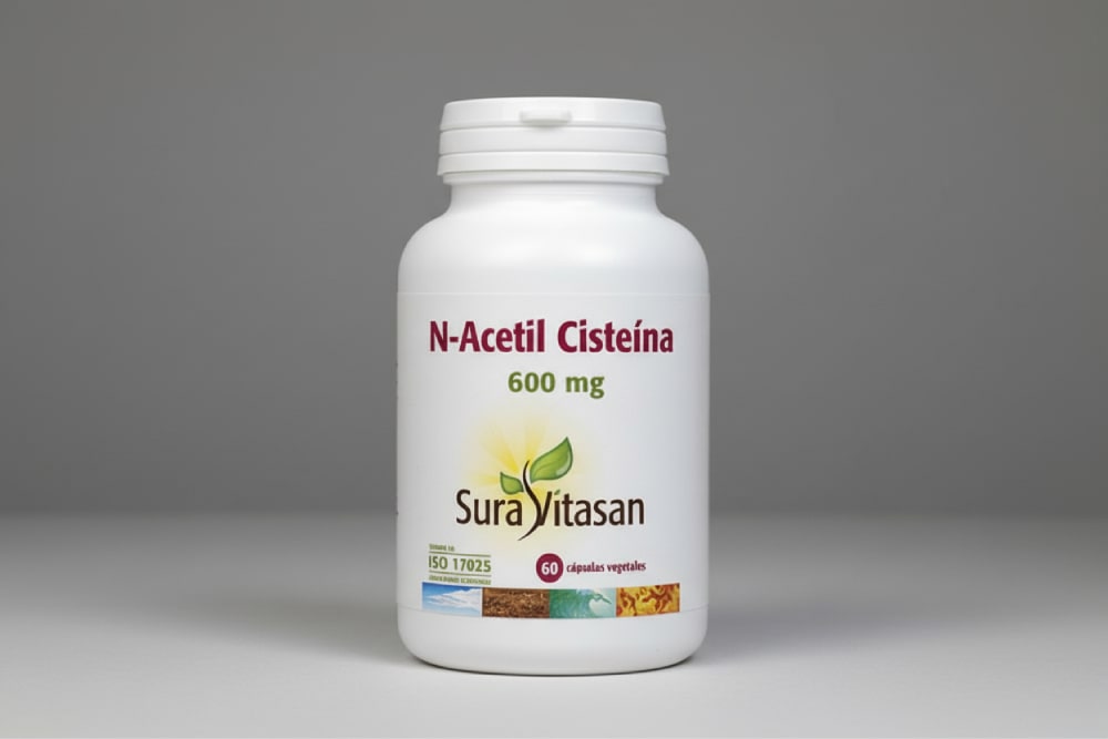 Suplemento N-Acetil Cisteína 600 mg de Sura Vitasan en cápsulas vegetales, con efecto detox y antioxidante.