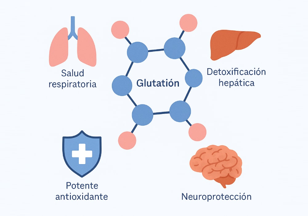 Ilustración del mecanismo de acción de la N-Acetilcisteína y beneficios del glutatión.