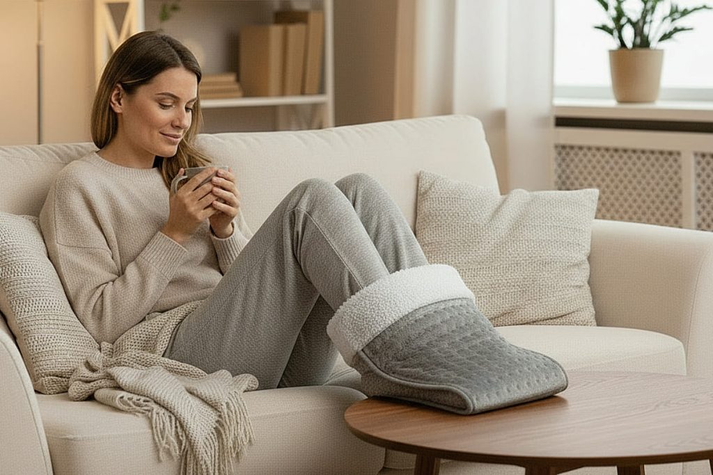 Mujer usando el calienta pies eléctrico de Corysan en el sofá durante el invierno