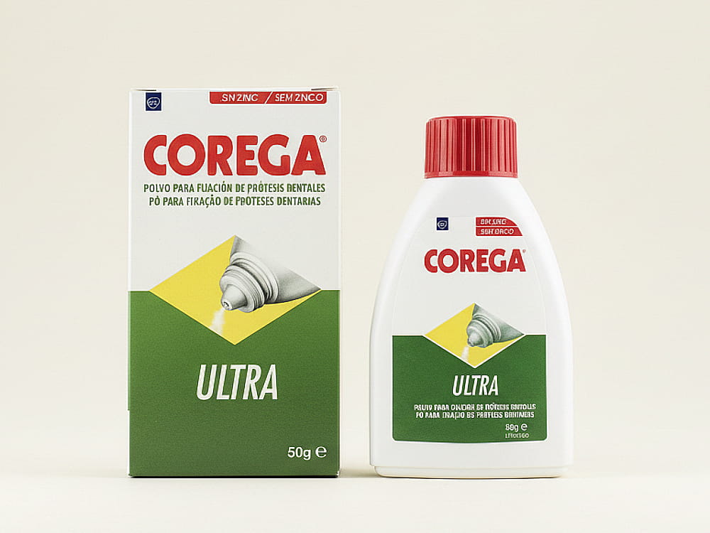 Polvo fijador para prótesis dentales Corega Ultra sin zinc para mejorar la sujeción de la dentadura postiza