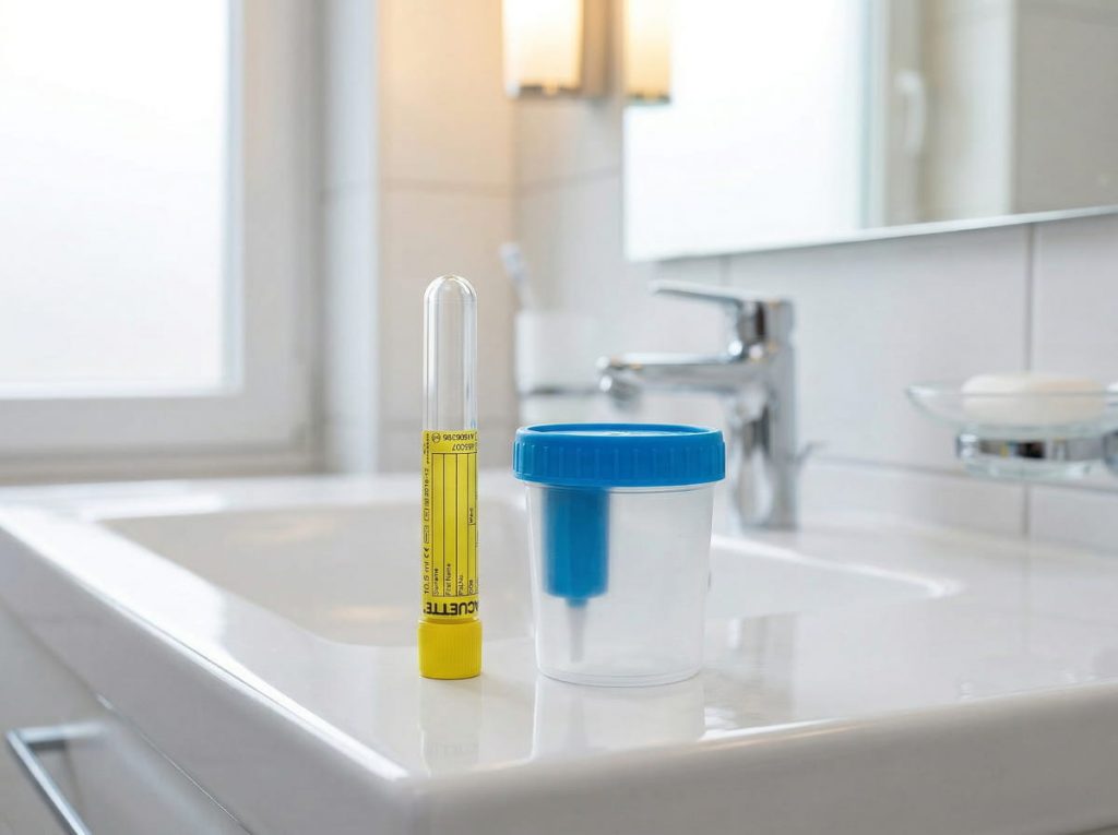 Recipiente estéril y tubo para recoger una muestra de orina en el baño