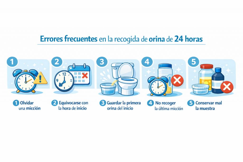 Infografía con los errores frecuentes en la recogida de orina de 24 horas