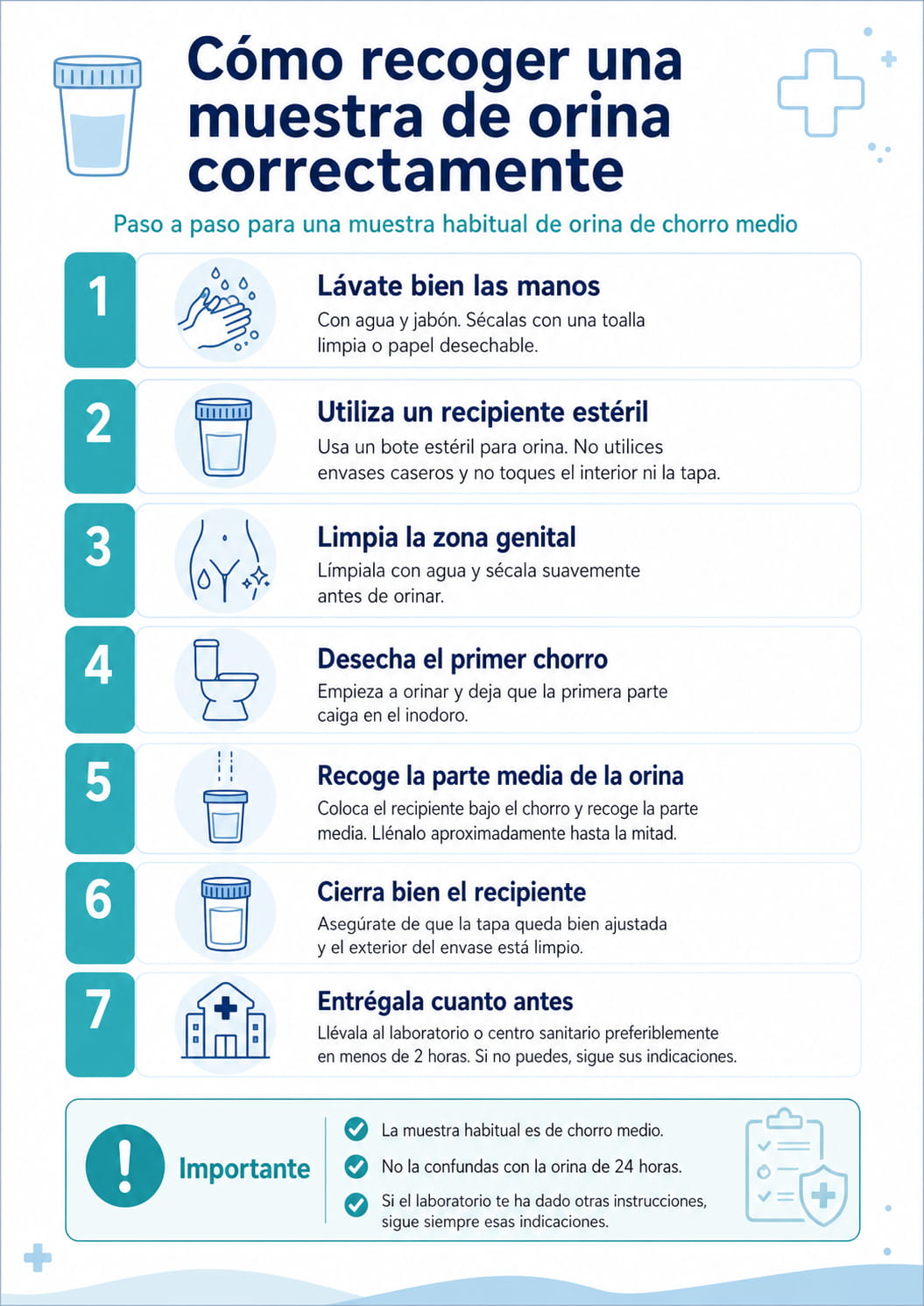 Infografía con los pasos para recoger una muestra de orina correctamente