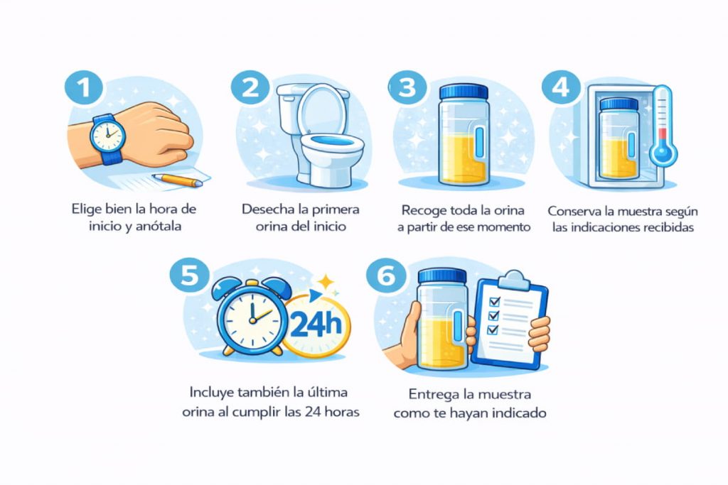Infografía con los pasos para recoger una muestra de orina de 24 horas correctamente