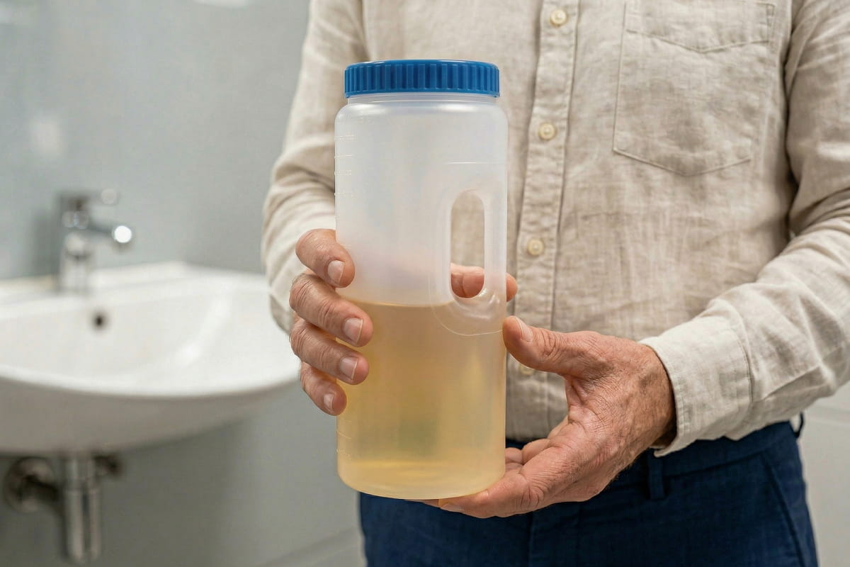 Persona sujetando un envase para la recogida de orina de 24 horas