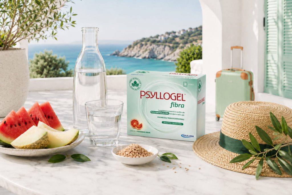 Psyllogel Fibra junto a agua y fruta fresca para cuidar la regularidad intestinal en verano
