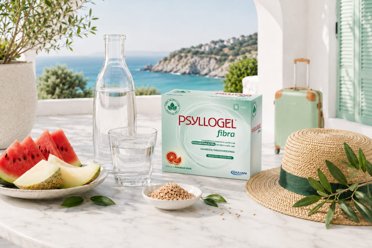 Psyllogel Fibra junto a agua y fruta fresca para cuidar la regularidad intestinal en verano